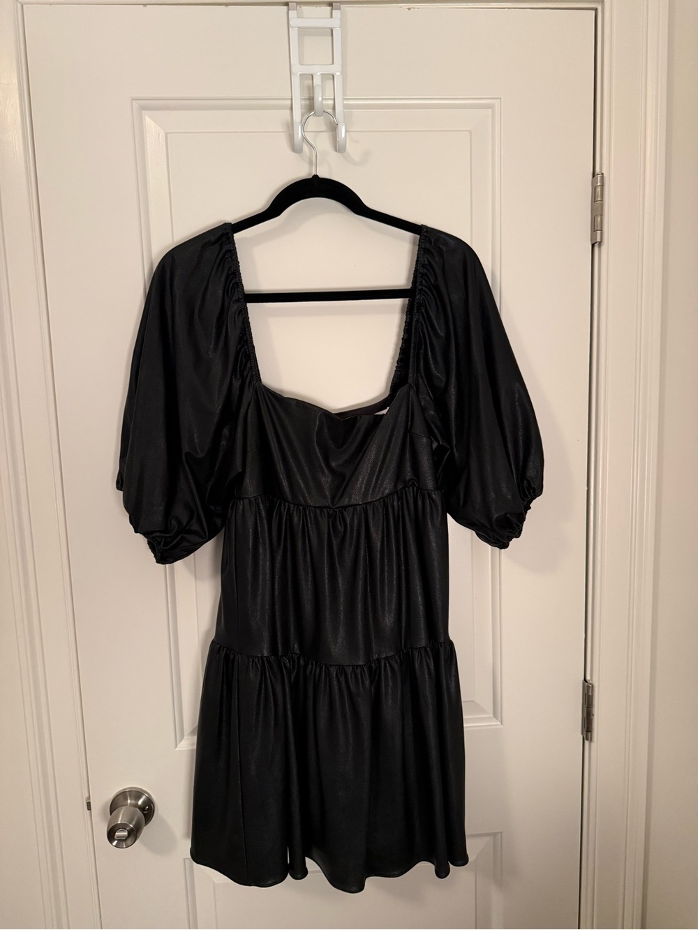 Amanda Uprichard Black Puff-Sleeve Tiered Mini with Square Neck